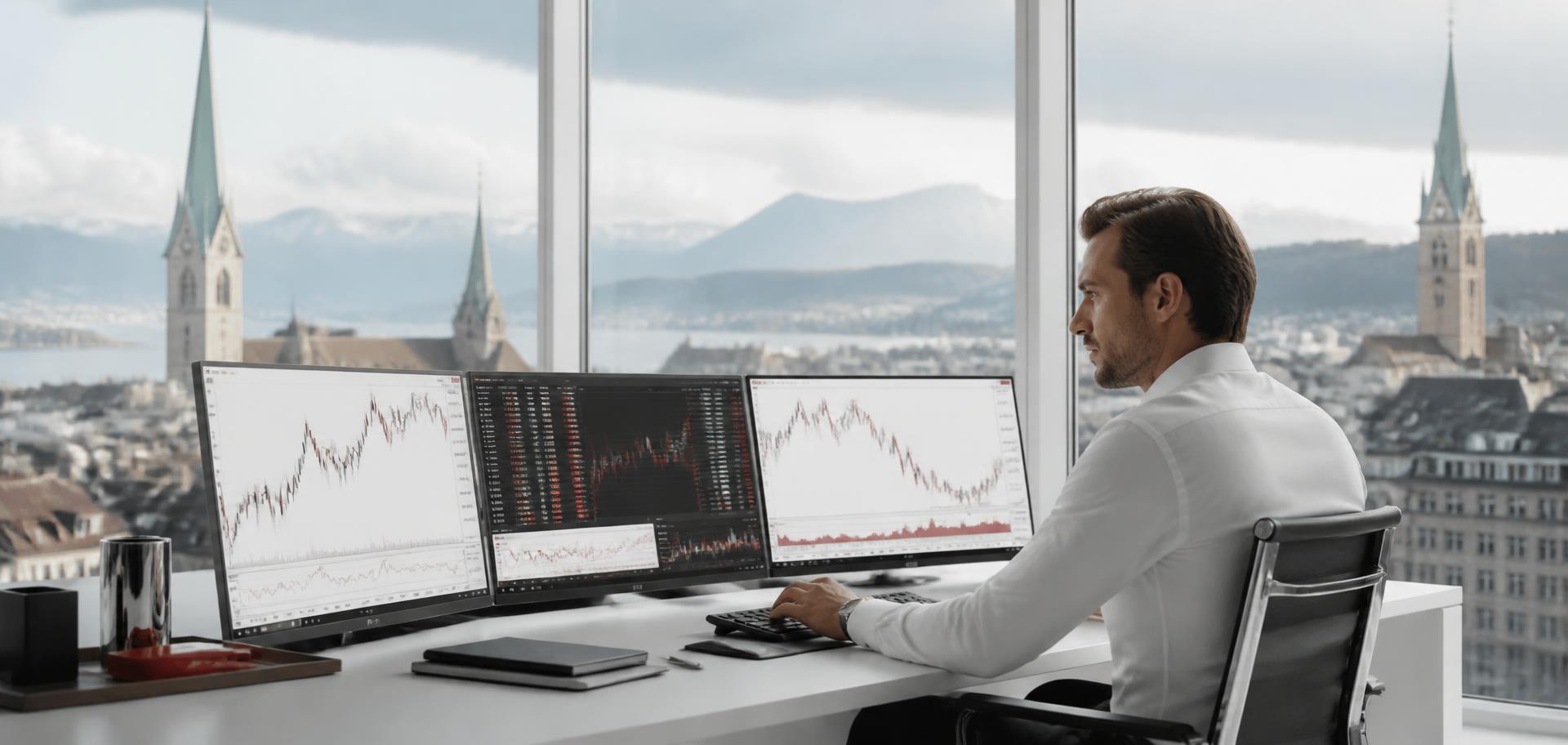 Professional trader at a multi-screen workstation in a Zurich office overlooking the Swiss skyline