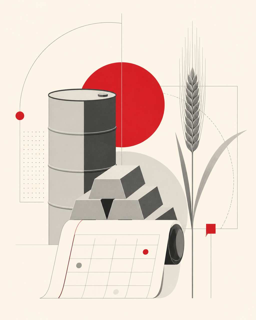 Illustration of an oil barrel, gold ingots, wheat and a roll calendar