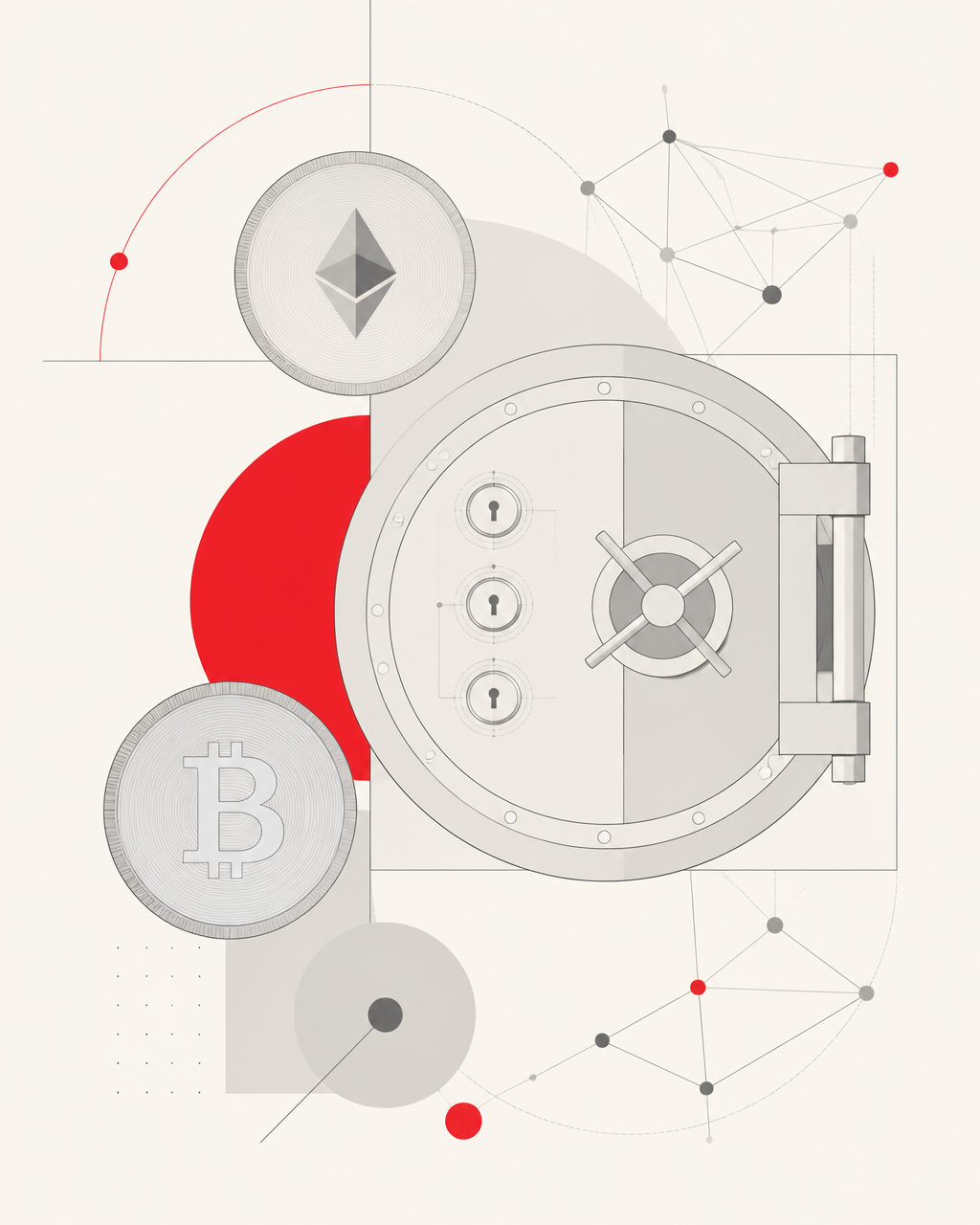 Illustration of digital asset coins held in a multi-signature cold storage vault