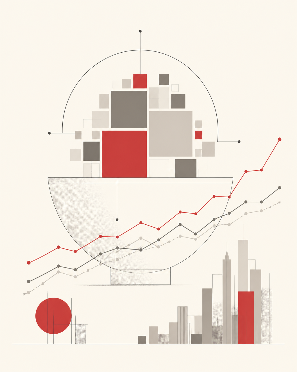 Illustration of a weighted index basket above rising index curves