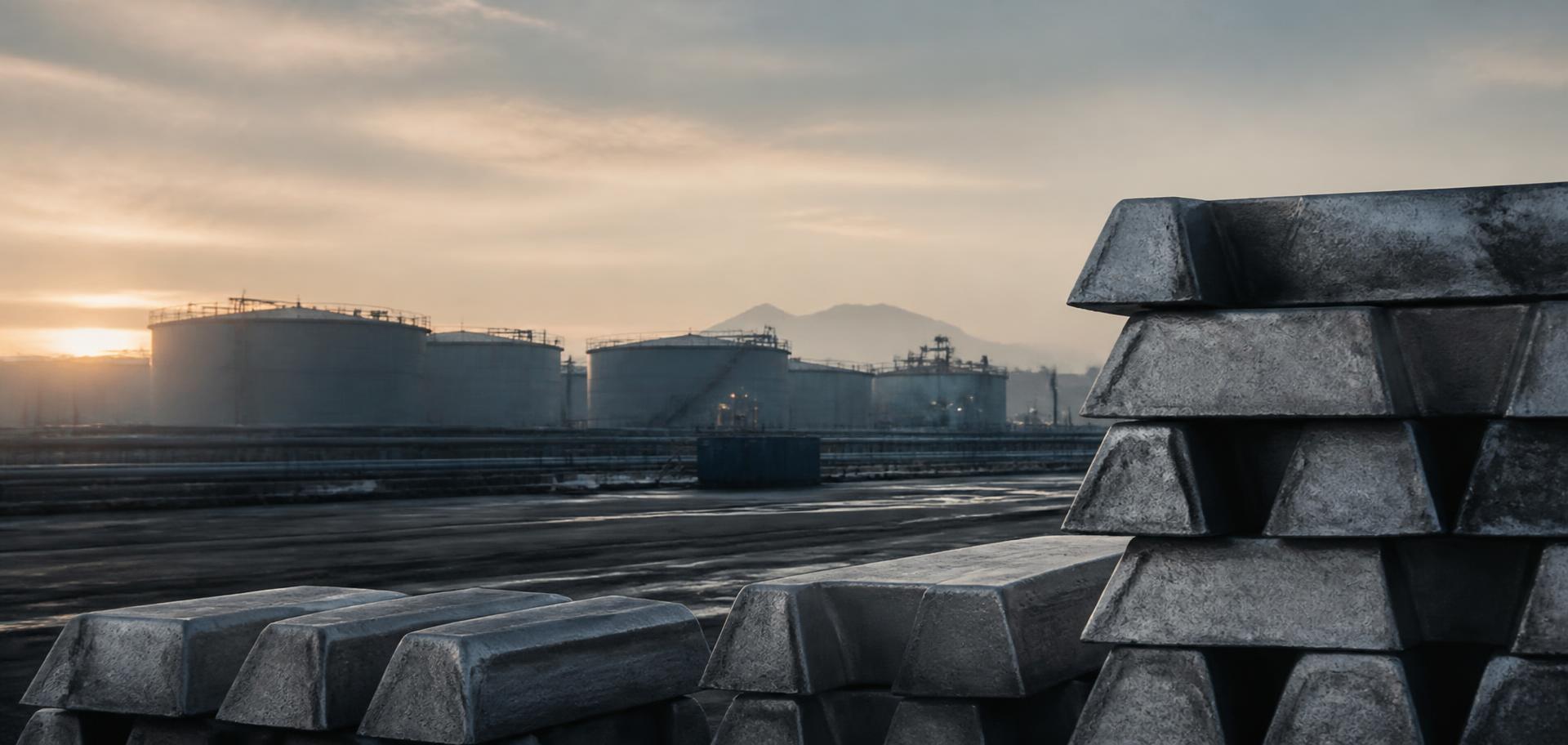 Stacked metal ingots in front of an oil storage terminal at dawn