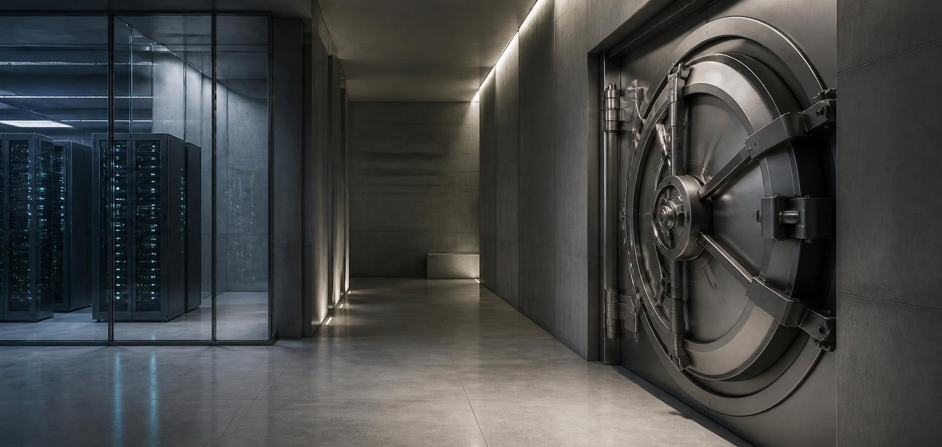 Swiss vault door beside a secure data centre aisle, representing segregated digital asset custody
