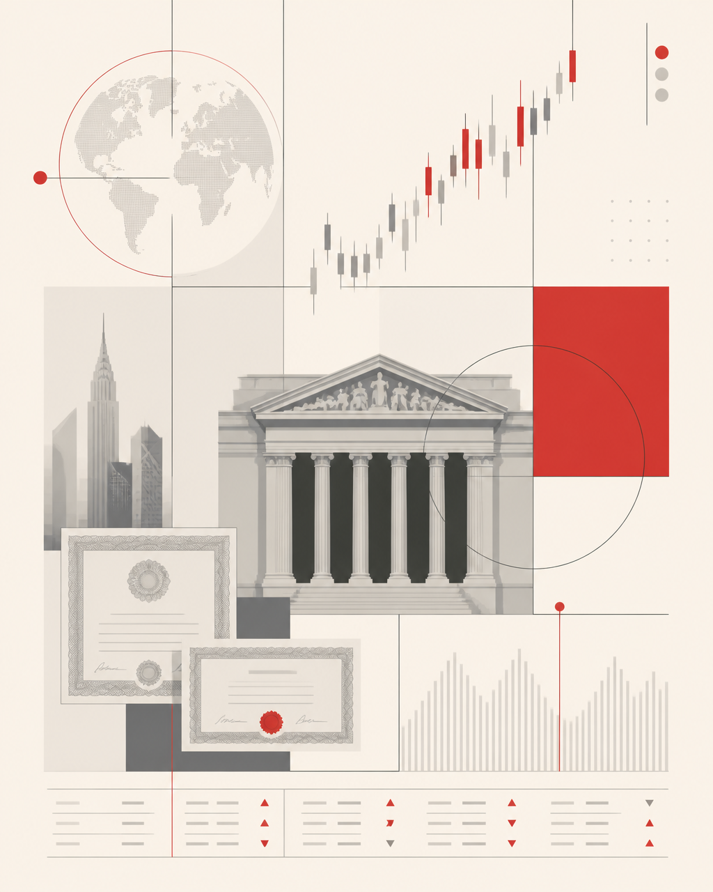 Illustration of global equity exchanges, share certificates and price candles